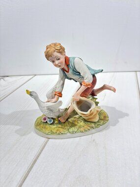 Andrea by Sadek Porcelain Figurine #8994 Boy Chasing Goose Geese 6" Vintage